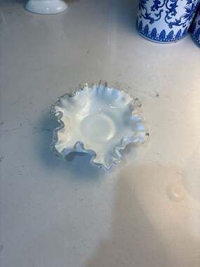 Vintage Fenton Silver Crest White Milk Glass Ruffled Edge Bonbon Candy Dish